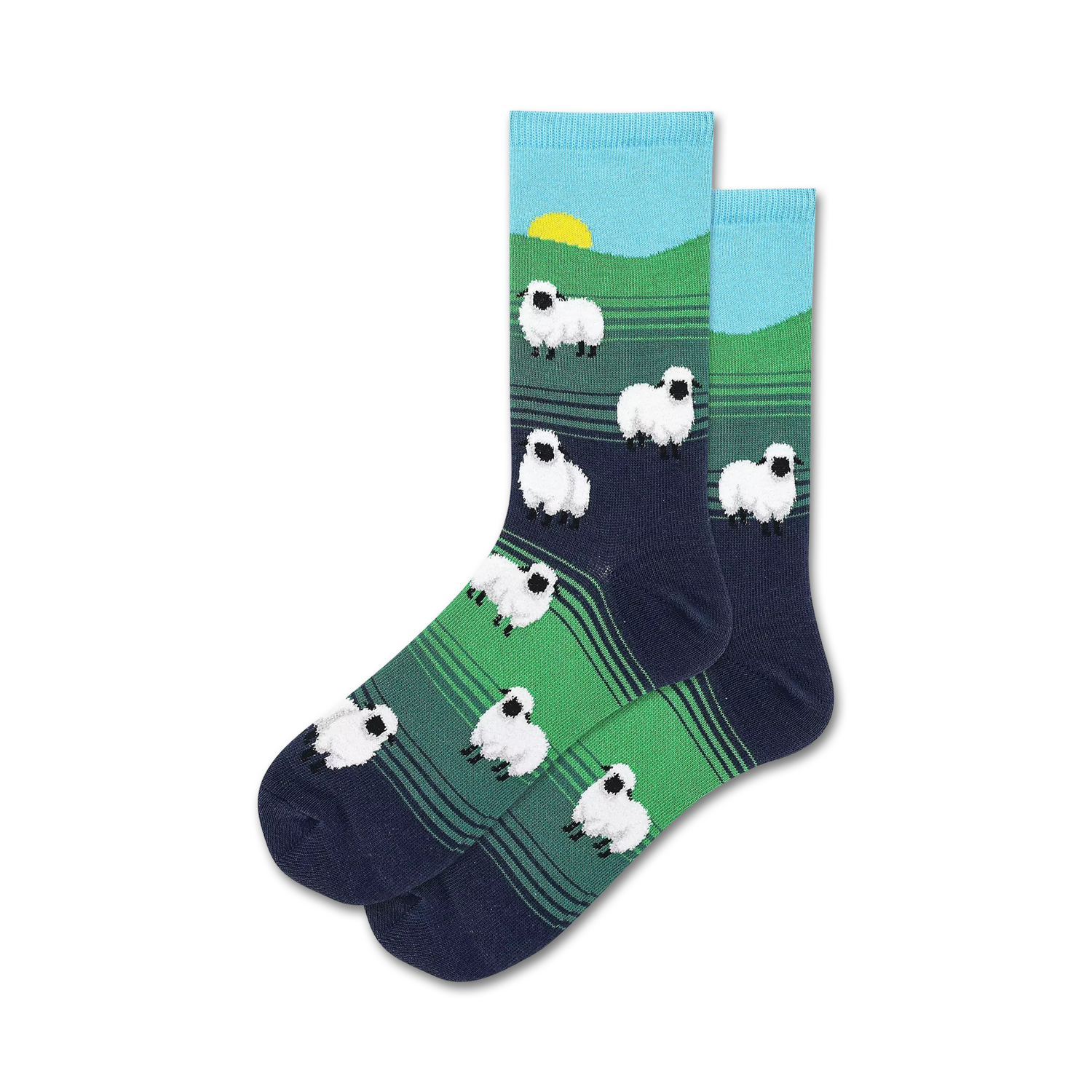 Pair of crew socks with a green, blue, and navy striped design. Features adorable white sheep and a setting sun illustration.