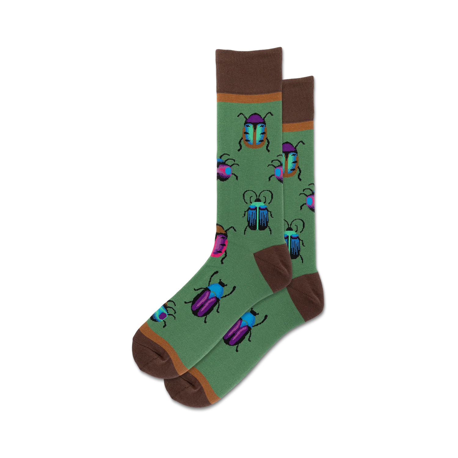 Pair of crew socks with a green background and colorful beetle designs. Brown cuff. Fun and quirky.
