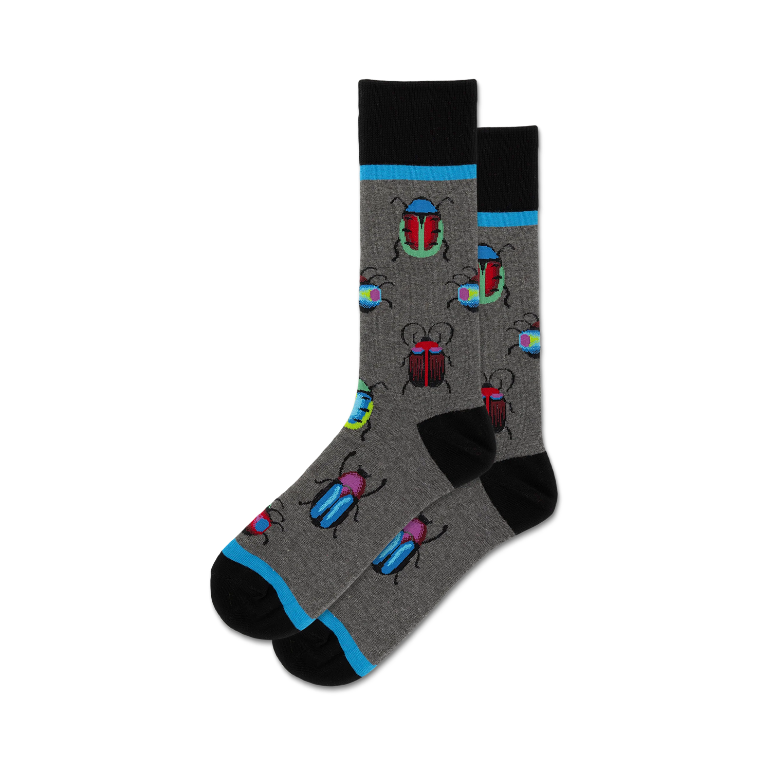 Lifestyle shot showing the gray 'Bugs' socks on a person's feet. The model appears to be wearing jeans and the setting looks casual.