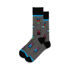 gray crew socks with a multicolored bug pattern. mens socks with red, blue, green, purple, and pink beetles.  