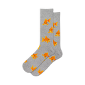 Pair of grey crew socks with a repeating pattern of orange goldfish. Fun and quirky design.