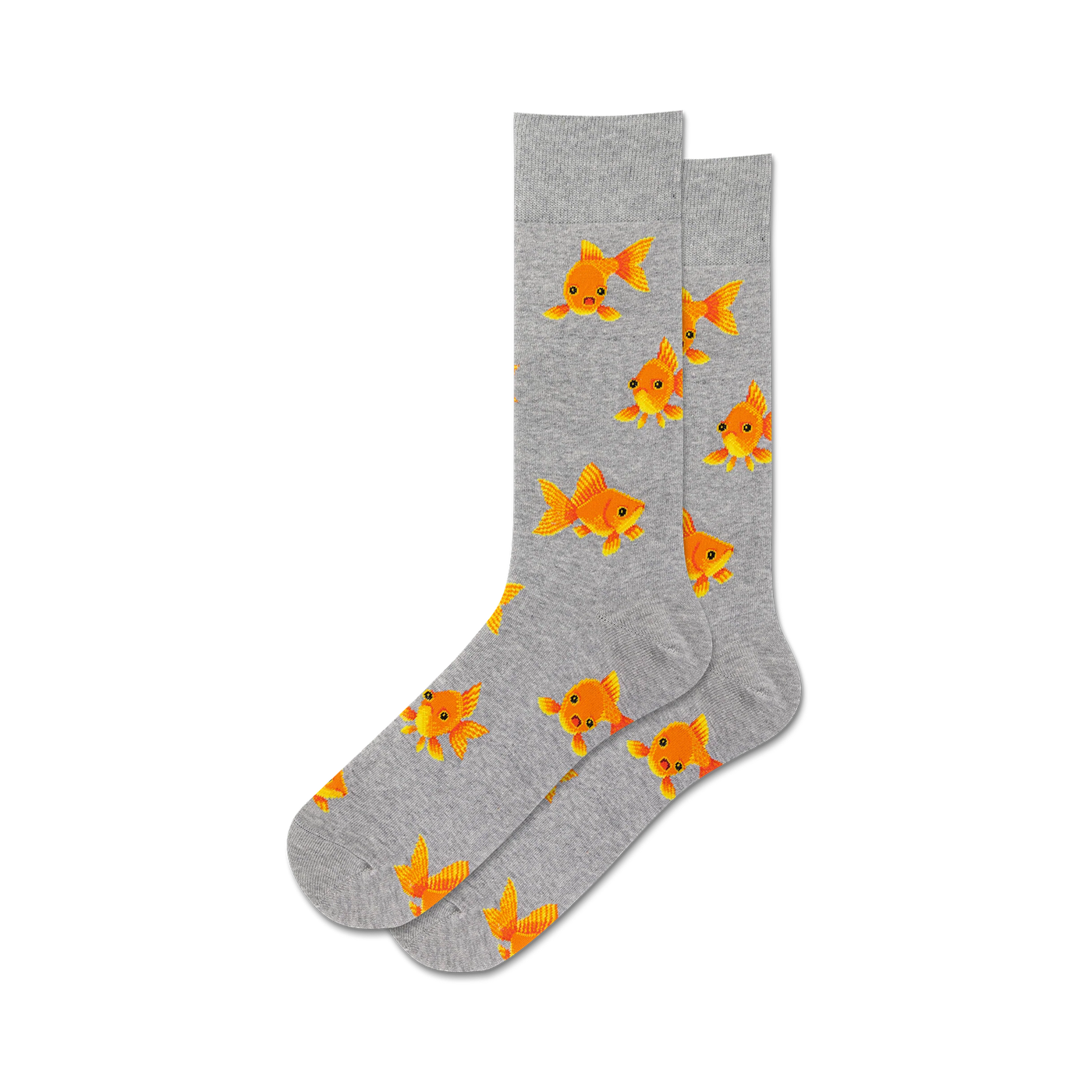 Pair of grey crew socks with a repeating pattern of orange goldfish. Fun and quirky design.