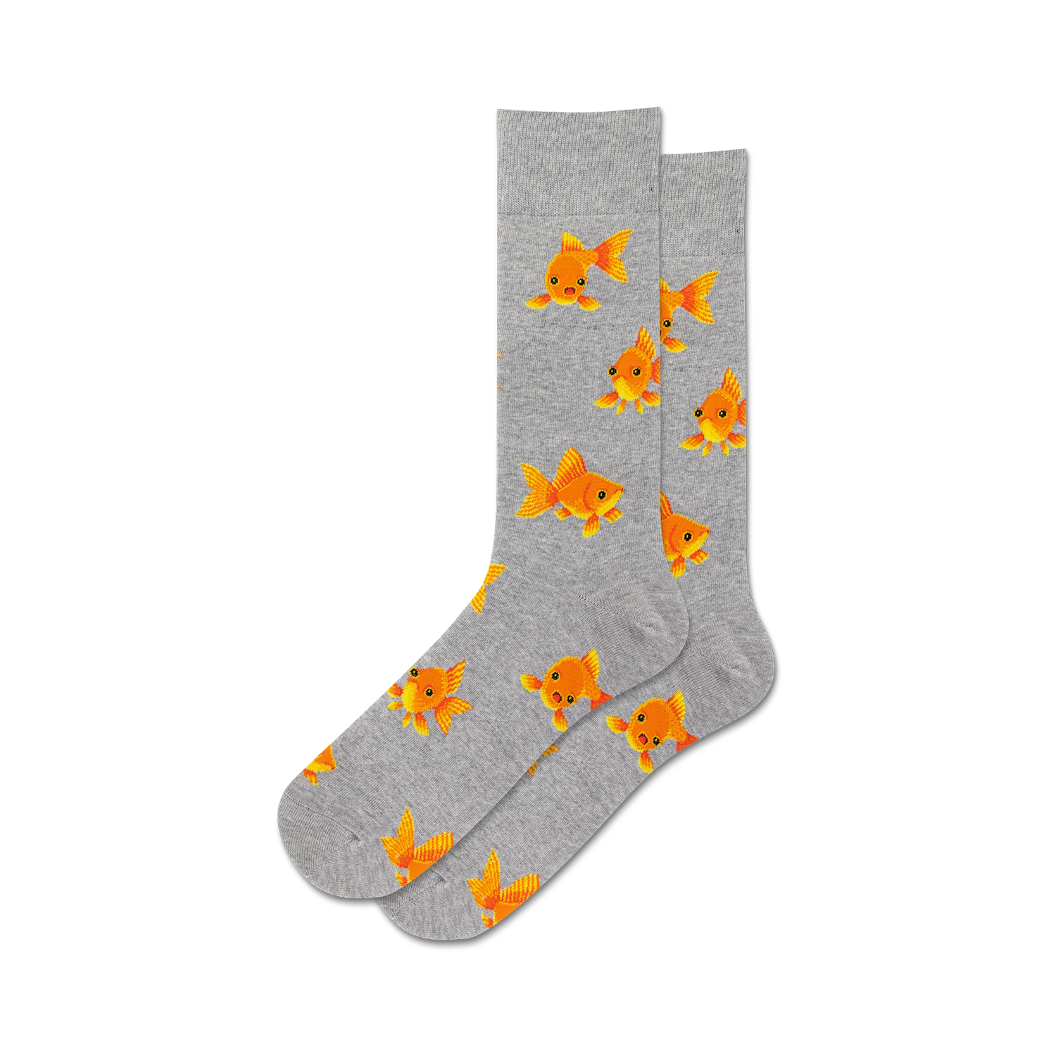 Pair of grey crew socks with a repeating pattern of orange goldfish. Fun and quirky design.