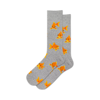 gray crew socks featuring cartoon goldfish pattern in orange with black eyes and red mouths. men's.  