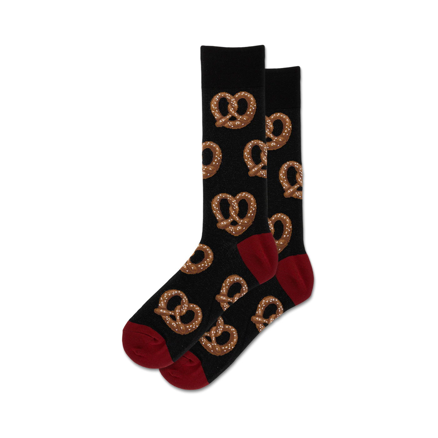 Pair of crew socks with a dark background and a repeating pattern of brown pretzels.  The socks have a burgundy-red toe and heel.