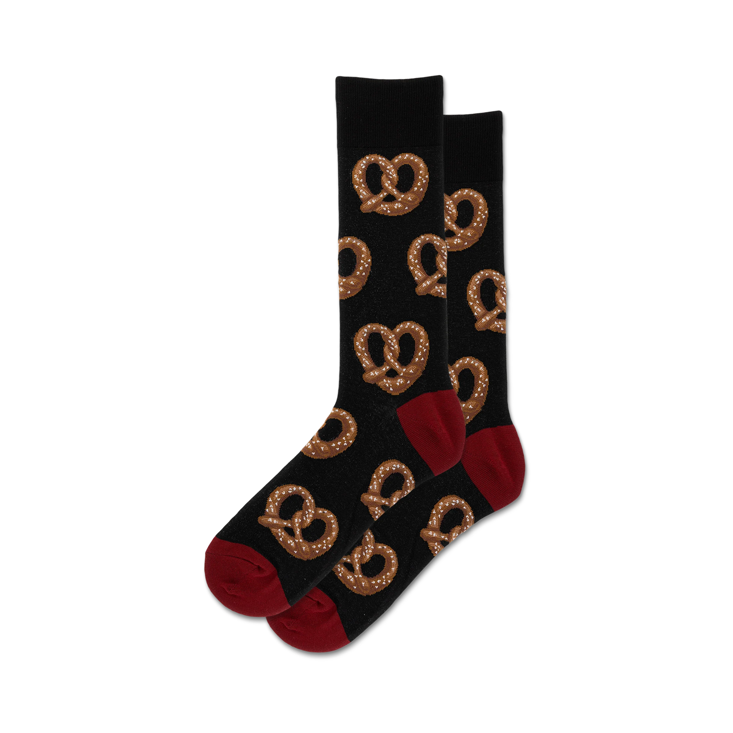 Pair of crew socks with a dark background and a repeating pattern of brown pretzels.  The socks have a burgundy-red toe and heel.