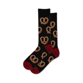 black crew socks with red toe and heel with a pattern of pretzels