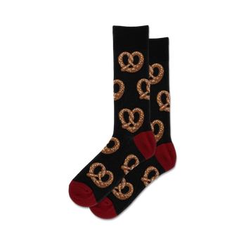black crew socks with red toe and heel with a pattern of pretzels