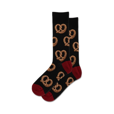 black crew socks with red toe and heel with a pattern of pretzels