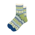 Pair of quarter socks in cream, green, and blue with a Fair Isle-inspired tree pattern.  Blue heel and toe.