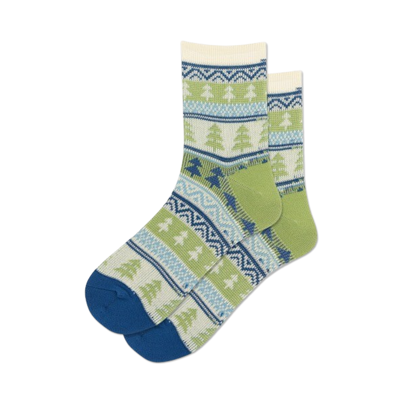 Pair of quarter socks in cream, green, and blue with a Fair Isle-inspired tree pattern.  Blue heel and toe.