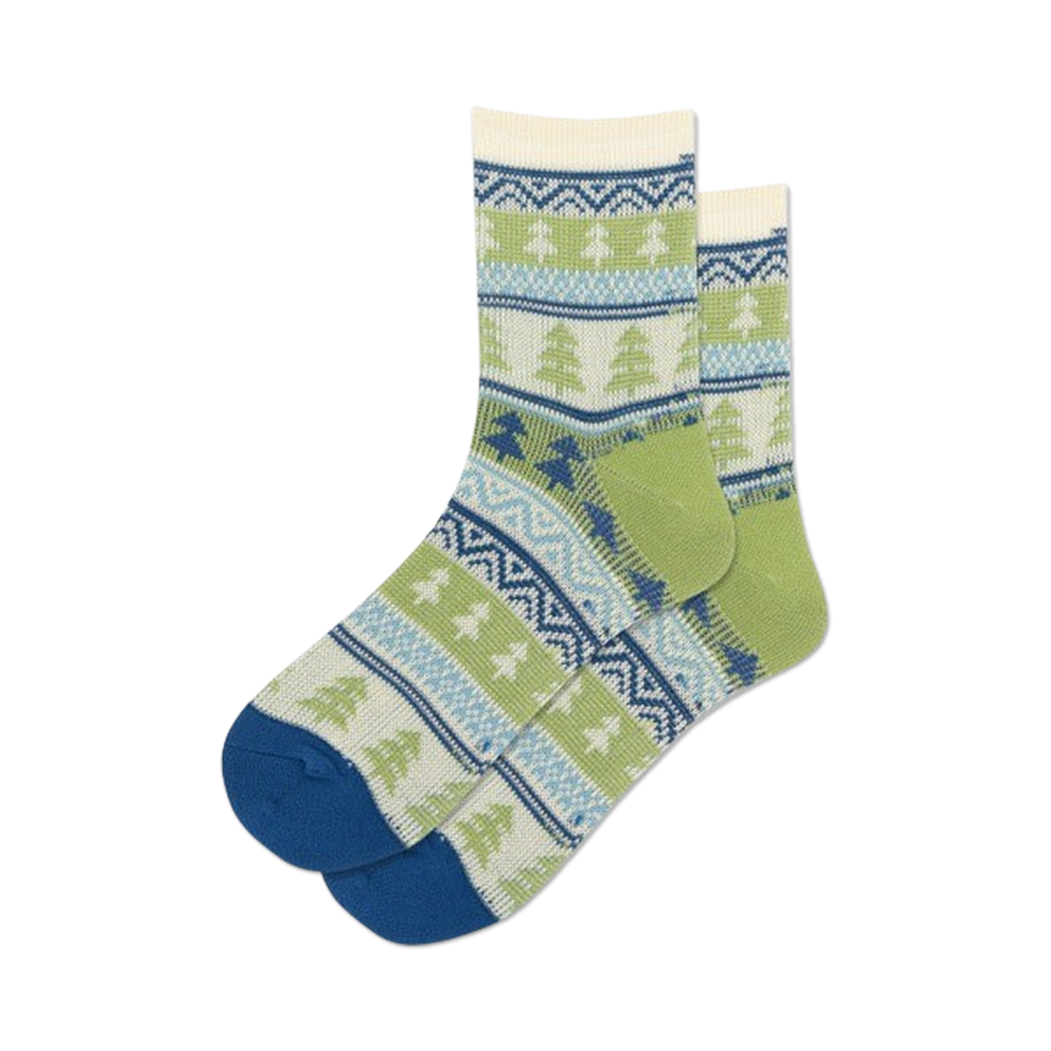 Pair of quarter socks in cream, green, and blue with a Fair Isle-inspired tree pattern.  Blue heel and toe.
