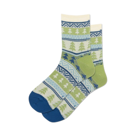 women's crew socks featuring a festive pine tree and snowflake pattern in shades of blue and green.  
