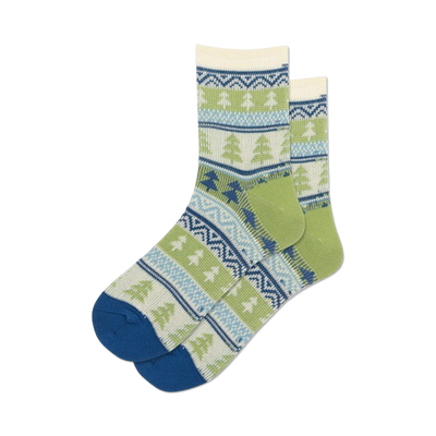 women's crew socks featuring a festive pine tree and snowflake pattern in shades of blue and green.  