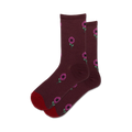 Pair of burgundy wool crew socks with a repeating pattern of small purple flowers and green stems.