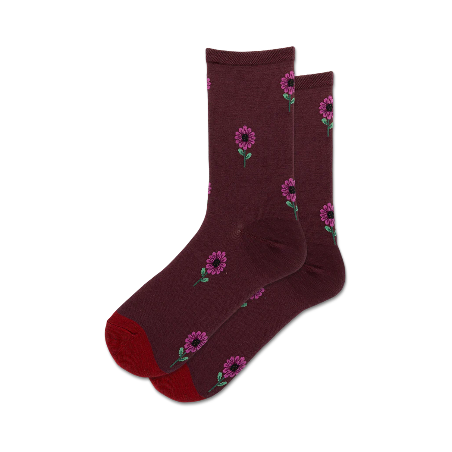 Pair of burgundy wool crew socks with a repeating pattern of small purple flowers and green stems.
