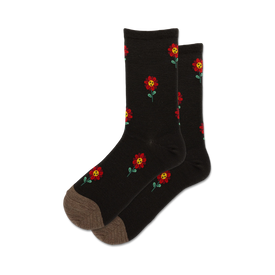  women's crew socks with red flower pattern on black background. floral theme.   