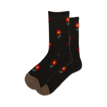  women's crew socks with red flower pattern on black background. floral theme.   