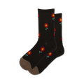 Pair of dark wool socks with a red flower pattern. The socks are crew length and have a taupe-colored heel and toe.
