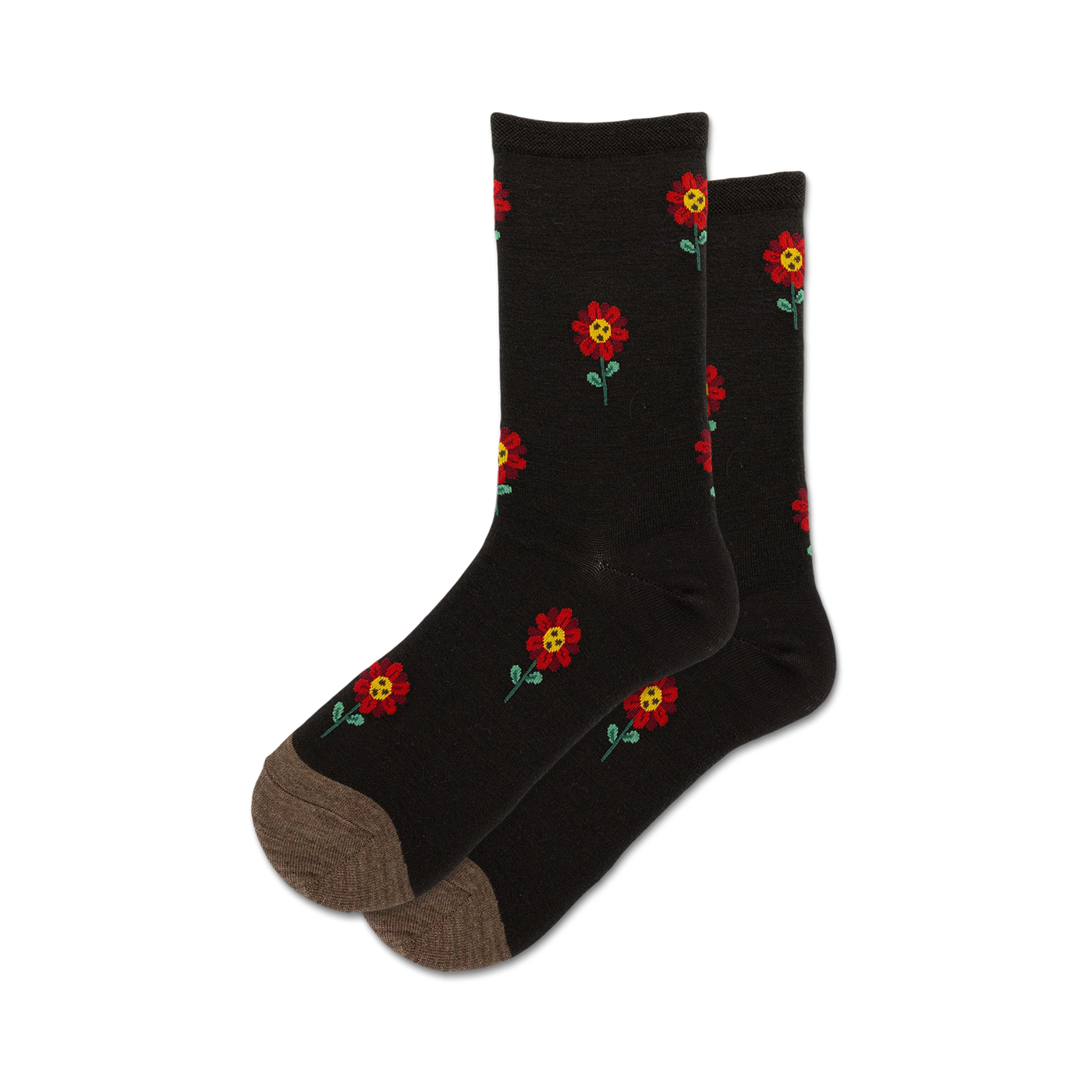 Pair of dark wool socks with a red flower pattern. The socks are crew length and have a taupe-colored heel and toe.