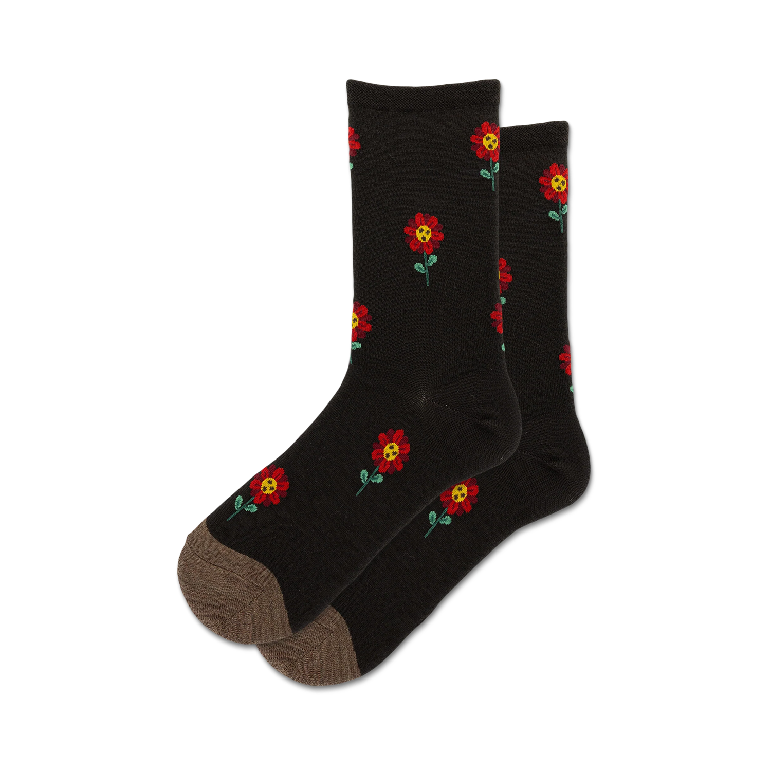 Pair of dark wool socks with a red flower pattern. The socks are crew length and have a taupe-colored heel and toe.