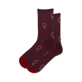 dark red wool crew length socks with light purple flowers and dark purple centers, green stems and leaves. perfect for women who love florals.   