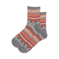 Pair of grey quarter socks with a repeating pattern of coral mushrooms and geometric designs.