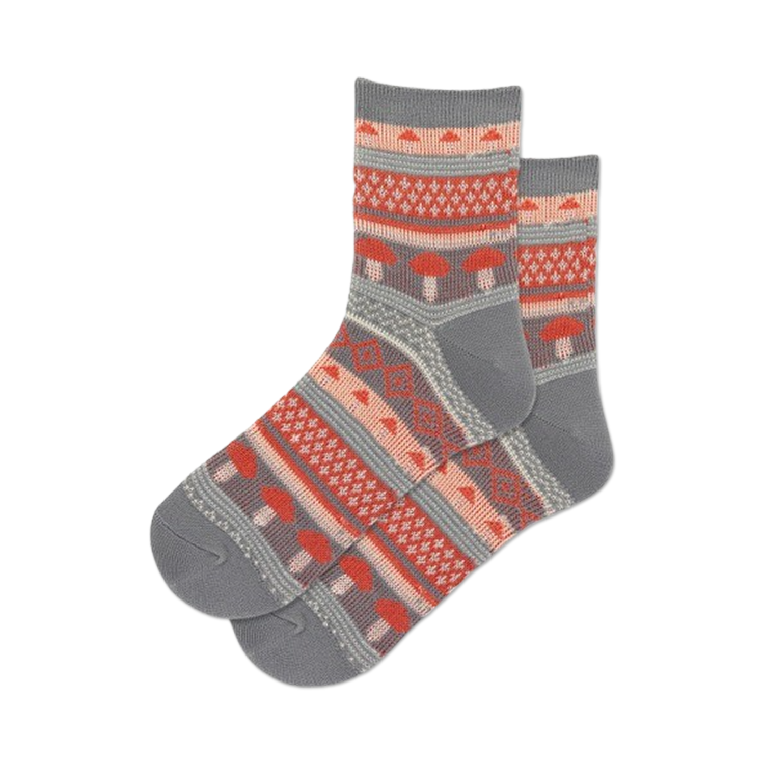 Pair of grey quarter socks with a repeating pattern of coral mushrooms and geometric designs.