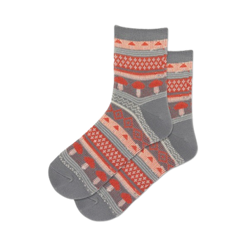 women's crew length mushroom jacquard quarter socks feature red and light orange mushrooms with white stems and caps on gray background.  