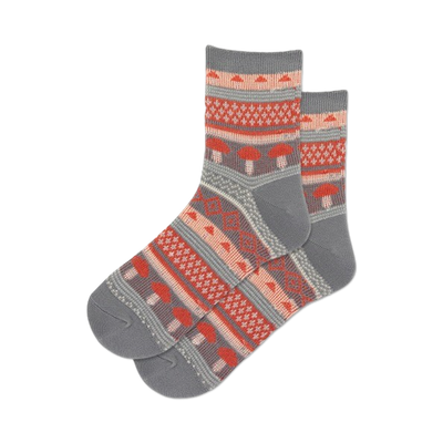 women's crew length mushroom jacquard quarter socks feature red and light orange mushrooms with white stems and caps on gray background.  