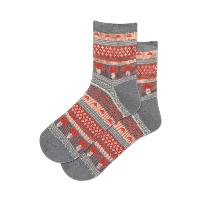 women's crew length mushroom jacquard quarter socks feature red and light orange mushrooms with white stems and caps on gray background.   }}