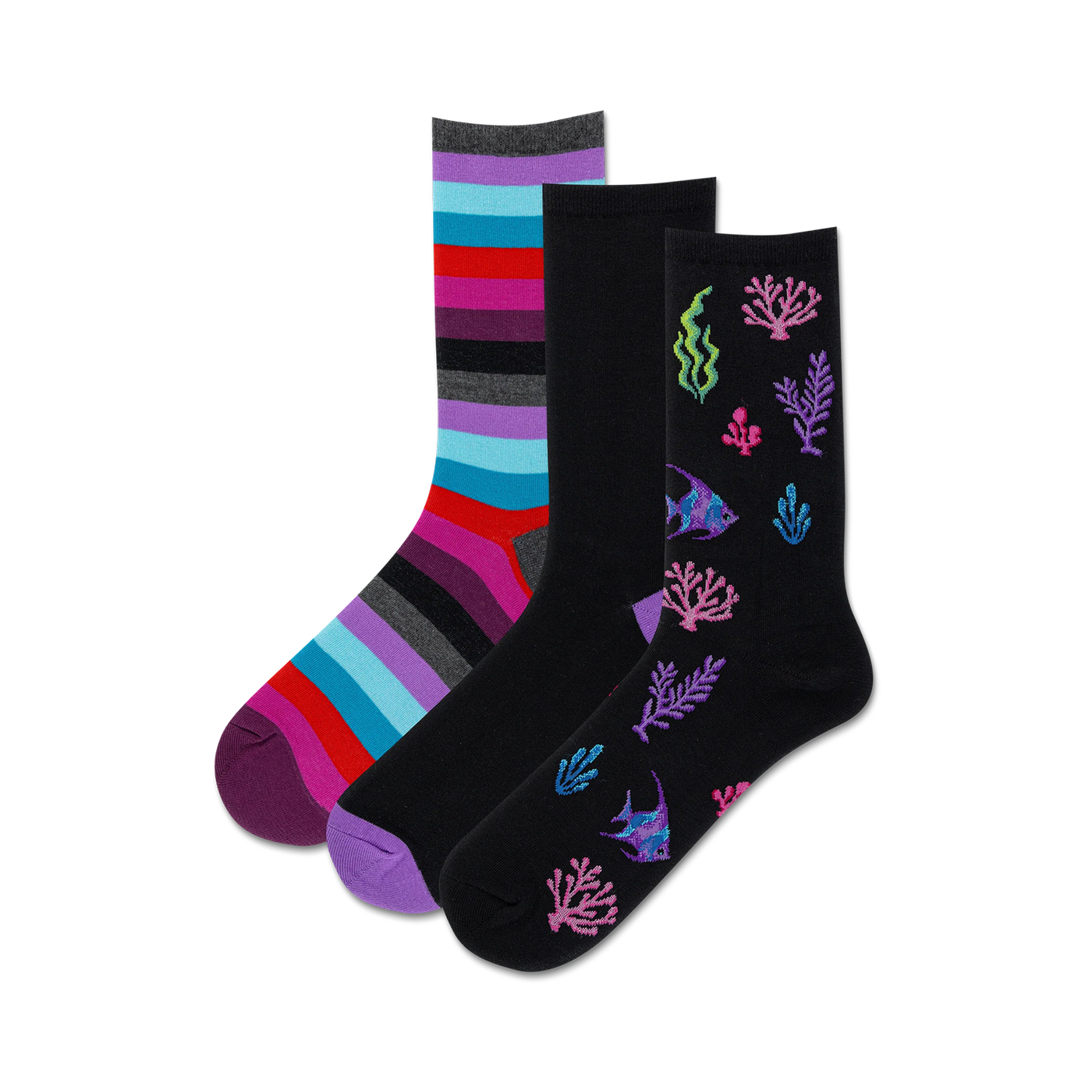 Three crew socks: one striped in purple, pink, teal and gray; two black socks with colorful coral, seaweed and fish designs.