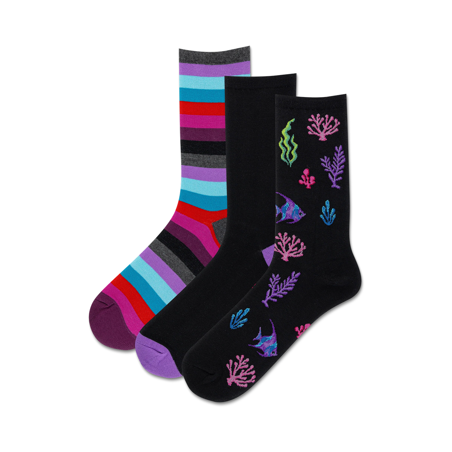 Three crew socks: one striped in purple, pink, teal and gray; two black socks with colorful coral, seaweed and fish designs.
