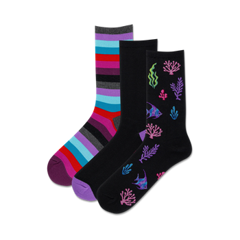 women's coral reef check 3pack crew socks feature coral and tropical fish, thin red stripes, and horizontal stripes.   