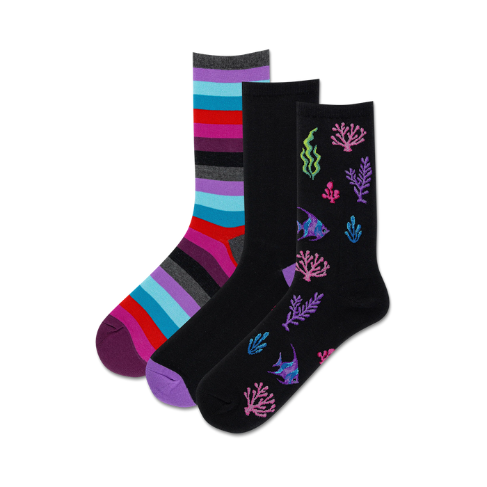 women's coral reef check 3pack crew socks feature coral and tropical fish, thin red stripes, and horizontal stripes.    }}