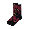 Pair of women's crew socks. Dark background with a pattern of pink and teal floral tapestry. 