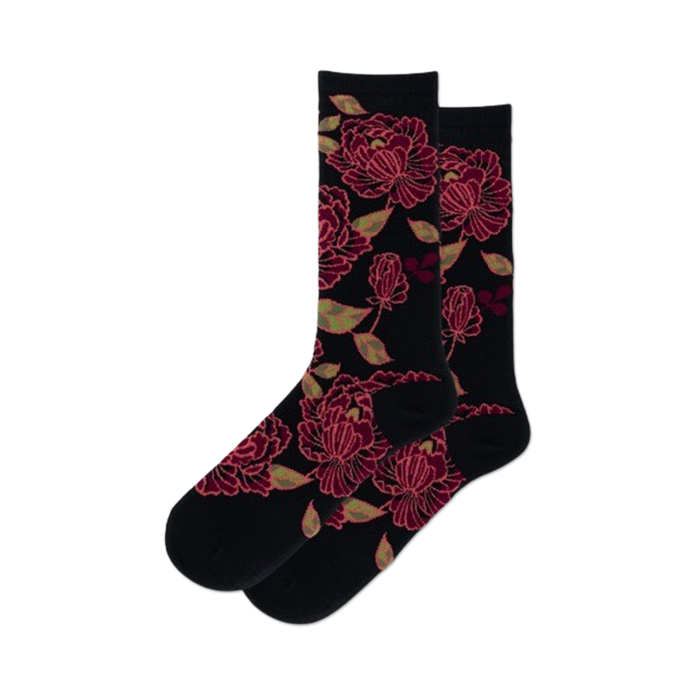 Pair of women's crew socks. Dark background with a pattern of pink and teal floral tapestry. 