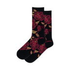 Pair of women's crew socks. Dark background with a pattern of pink and teal floral tapestry. 