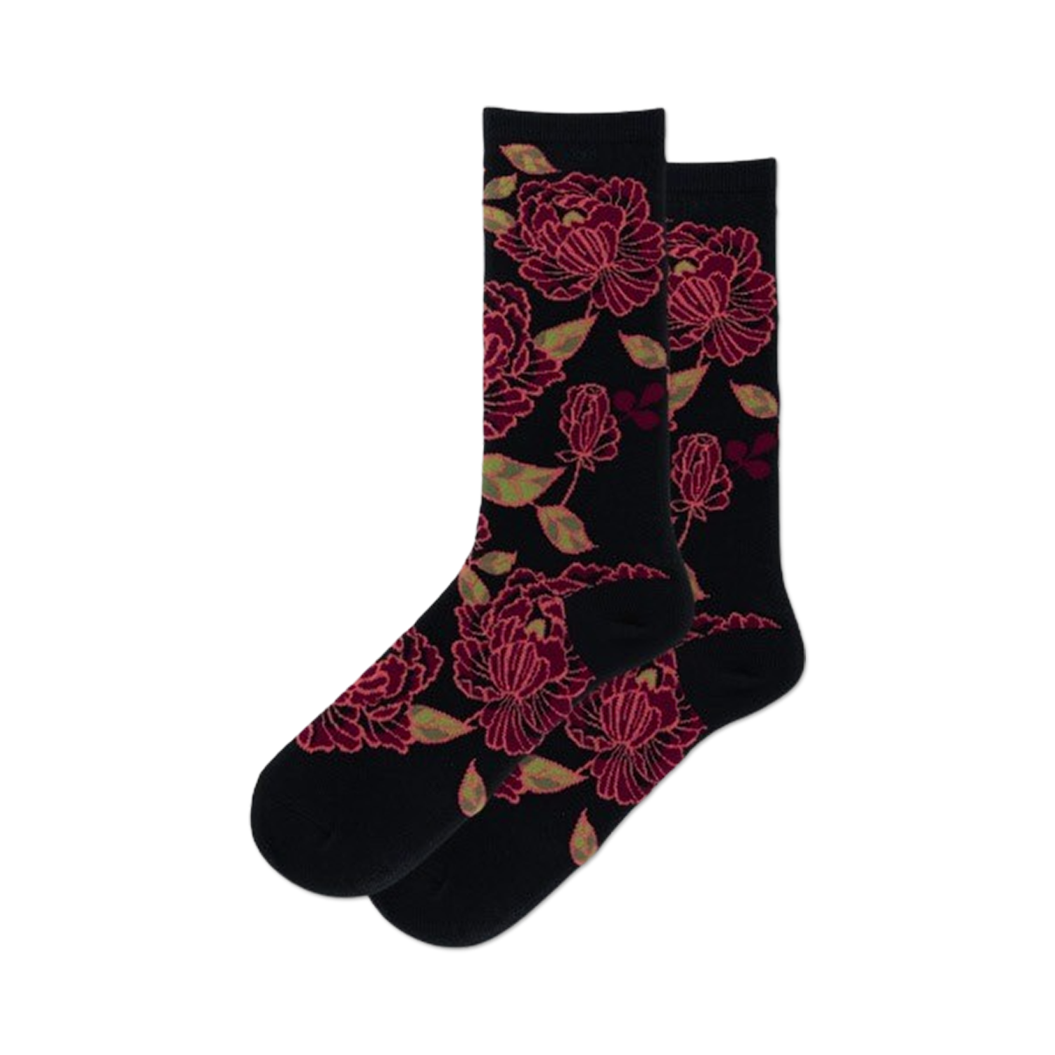 Pair of women's crew socks. Dark background with a pattern of pink and teal floral tapestry. 