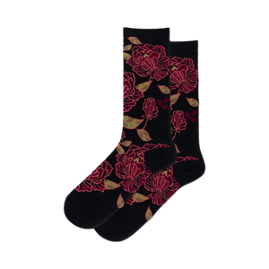 black crew socks with a pattern of red, pink, and green flowers and leaves. floral design.  