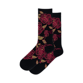 black crew socks with a pattern of red, pink, and green flowers and leaves. floral design.  