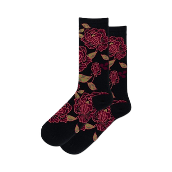black crew socks with a pattern of red, pink, and green flowers and leaves. floral design.  