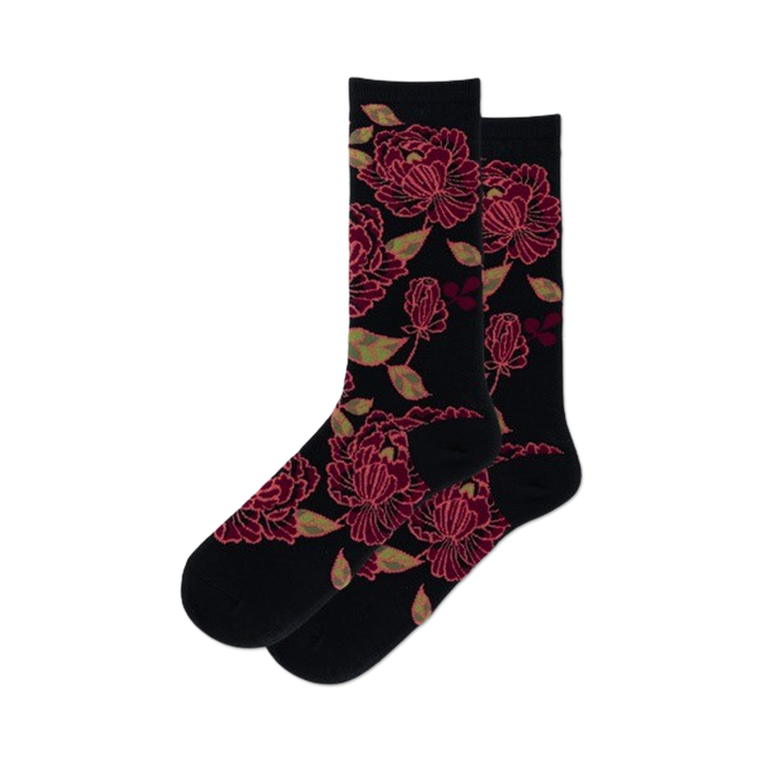 black crew socks with a pattern of red, pink, and green flowers and leaves. floral design.  