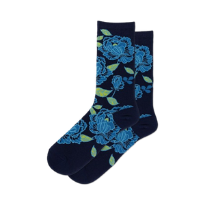 womens dark blue tapestry floral crew socks feature yellow blooms, green leaves.  
