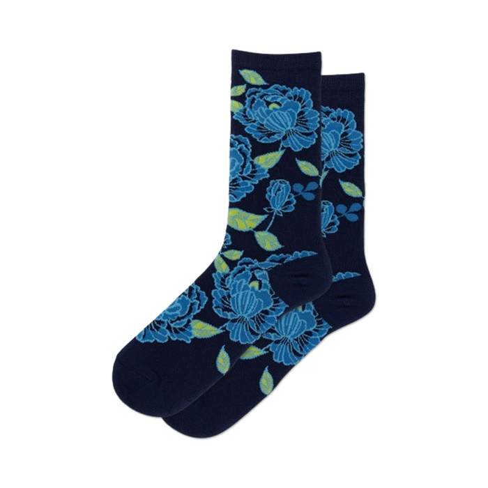 womens dark blue tapestry floral crew socks feature yellow blooms, green leaves.  