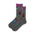 Pair of grey crew socks with purple cuffs and colorful metallic bug designs.  The bugs are teal, pink, and purple.