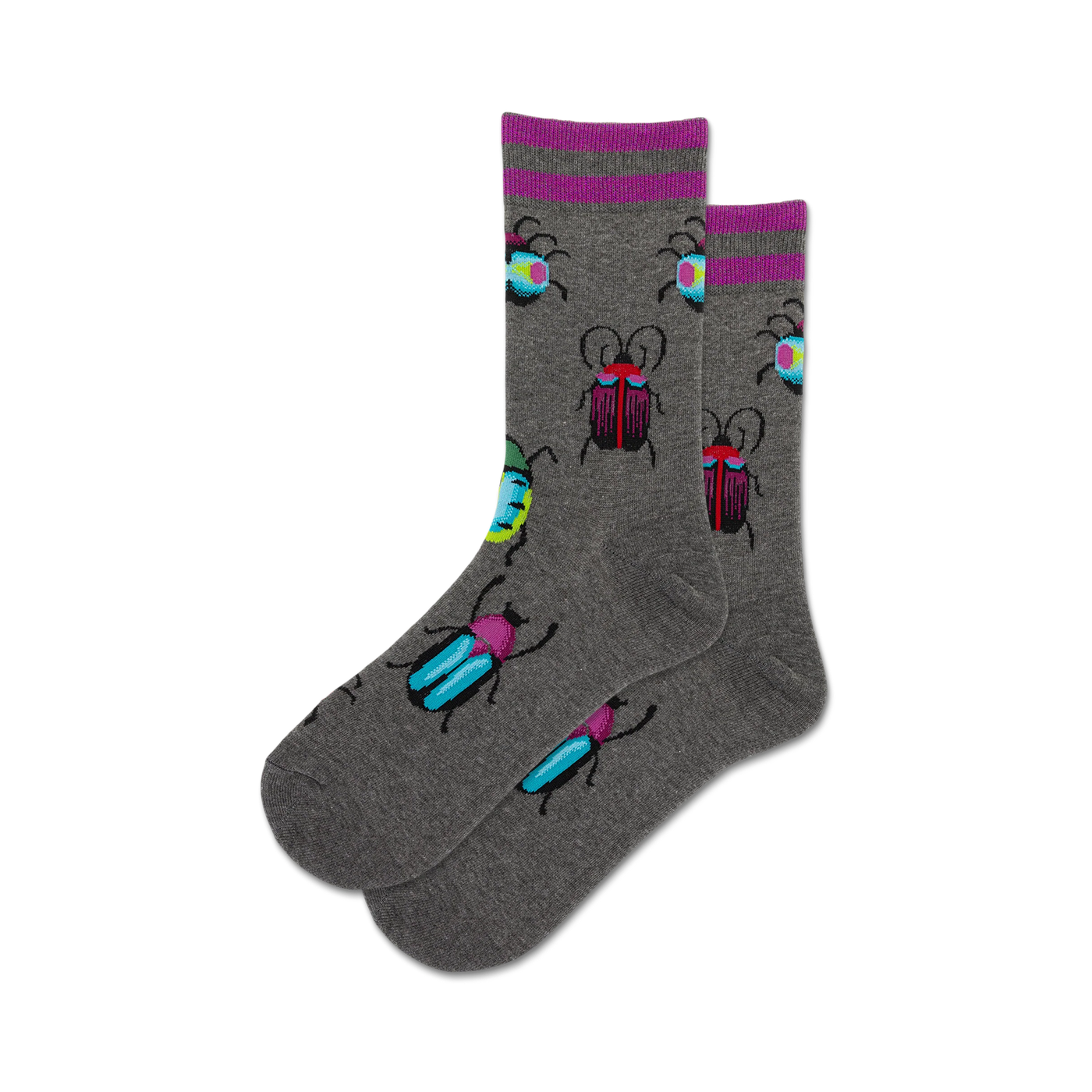 Pair of grey crew socks with purple cuffs and colorful metallic bug designs.  The bugs are teal, pink, and purple.