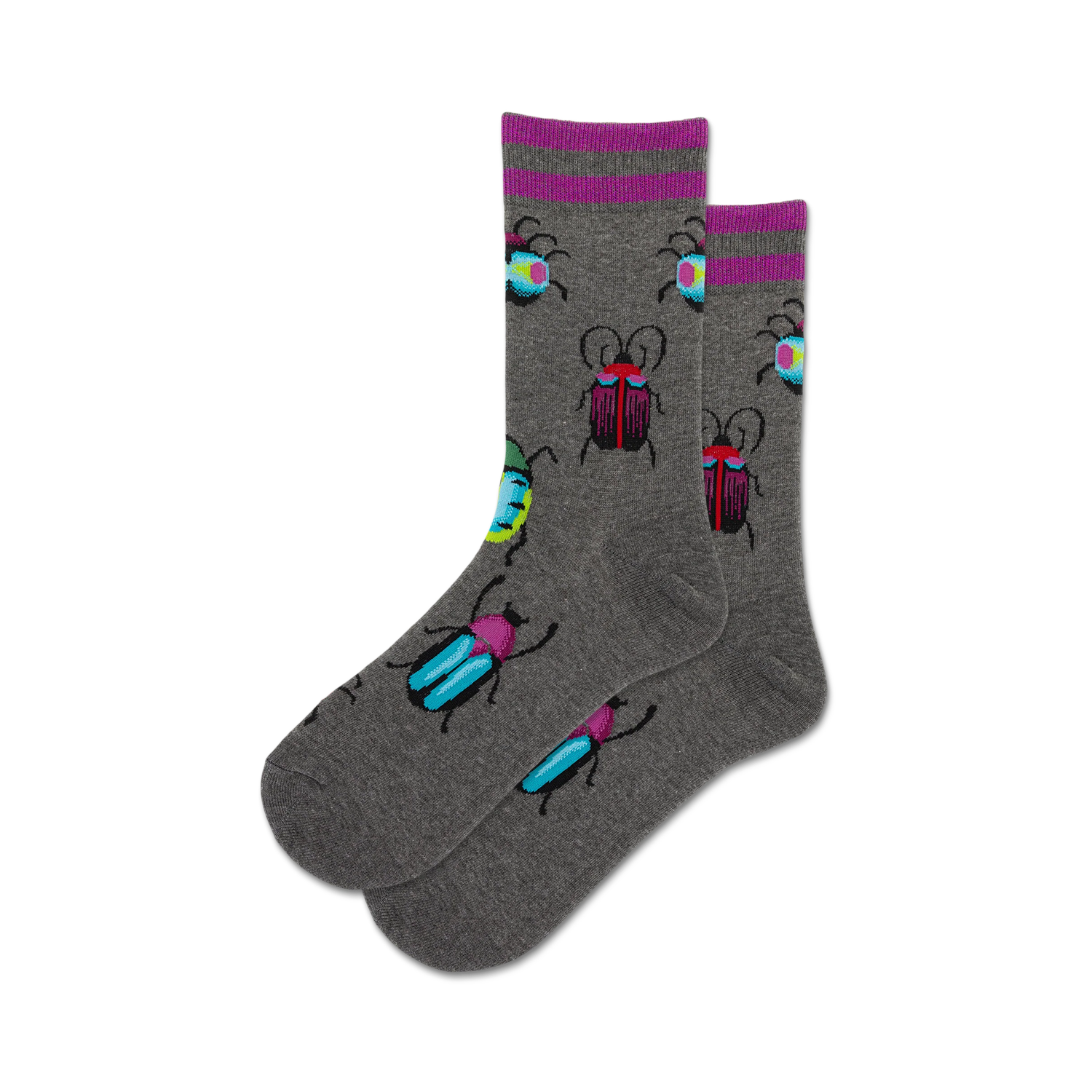 Pair of grey crew socks with purple cuffs and colorful metallic bug designs.  The bugs are teal, pink, and purple.