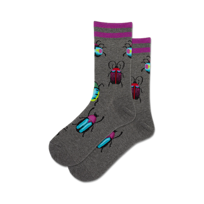 women's metallic bug crew socks with ribbed tops and smooth toe seams.   