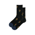 Pair of black crew socks with small sunflower designs.  Navy blue cuffs.  Cute and comfy!